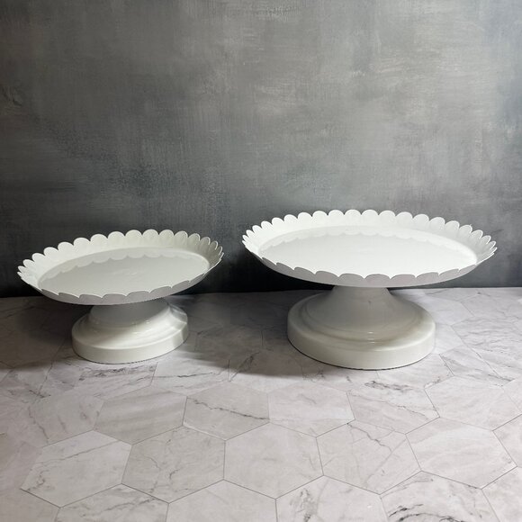 2 Scalloped Edged Pedestal White Cake or Dessert Stands Metal 10” & 8” OSD - Picture 2 of 8